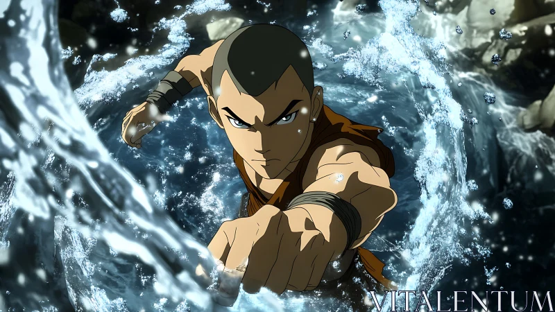 Martial waterbender channels spiraling torrents in mid-strike.