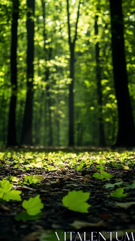 Luminous forest floor bathed in soft sunlight through dense canopy.