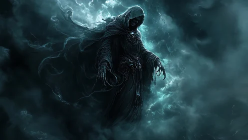 Storm-draped reaper drifts through electric midnight clouds
