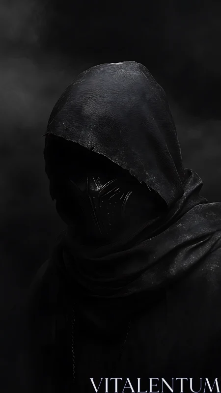 Hooded masked figure emerges from shadowed swirling darkness