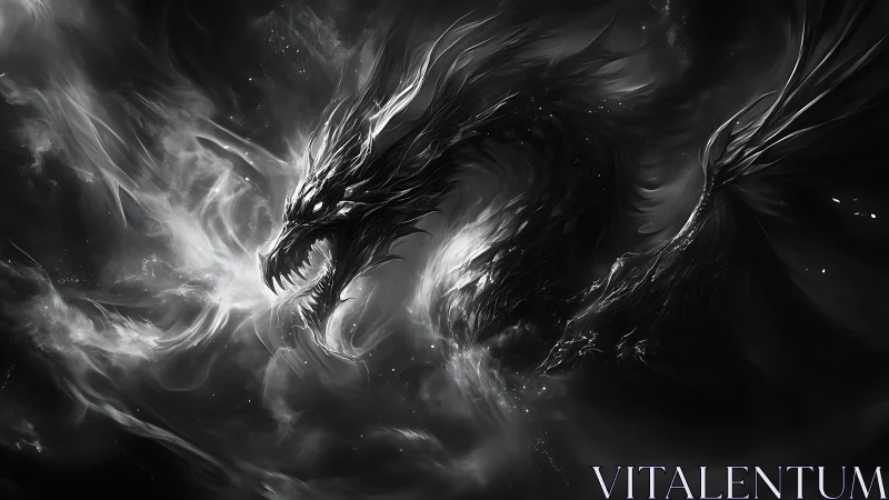 Black dragon emerges from swirling smoke in dark void.