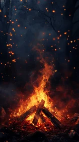 Bonfire flames dance against dark night sky with floating embers.