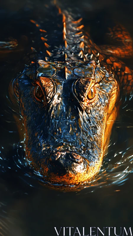 Crocodilian head emerging from water in stylized close view
