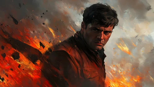 Male figure in front of dynamic fiery explosion background.