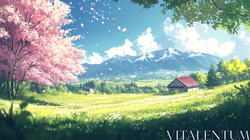 Spring valley farmhouse rests below bright snowcapped mountains