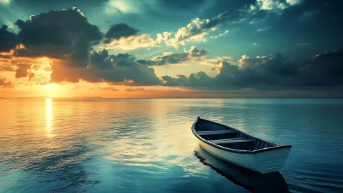 Solitary wooden rowboat on glassy sea beneath radiant sunset.