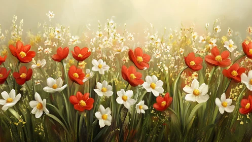 Red and White Flowers Dancing in Golden Sunlight.