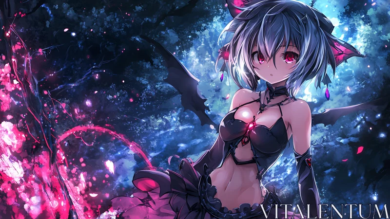 Midnight bat-winged girl glowing in a spellbound forest.