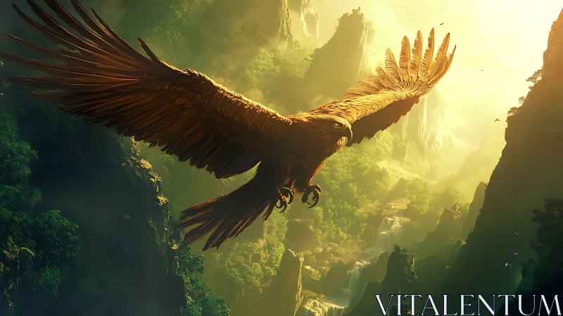 Majestic eagle soaring over lush mountain valley at sunrise.