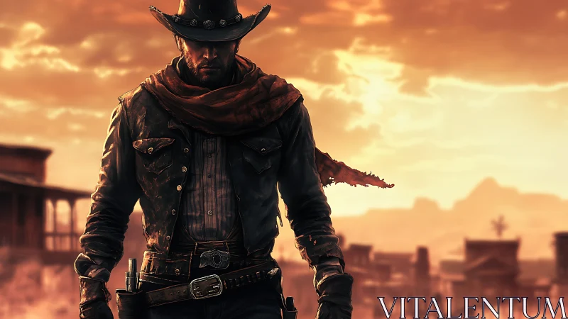 Digital painting of lone gunslinger in sunlit frontier street.
