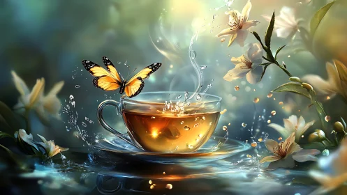 Golden tea cup welcomes a fluttering butterfly among blooms