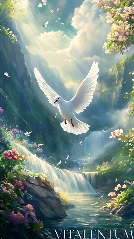 White dove above cascading waterfalls in luminous floral gorge