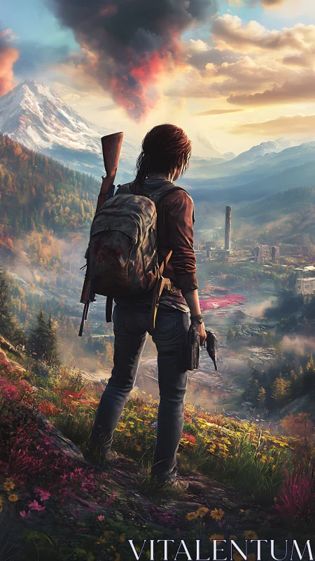 Lone survivor overlooks ruined valley under burning sky.