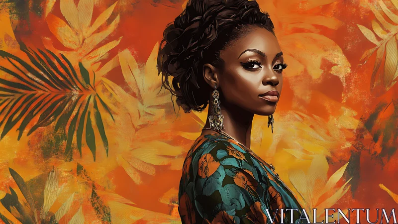 Warm tropical portrait with bold leaves and quiet confidence.