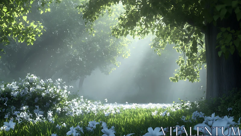 Sunlit forest meadow breathes gently through drifting mist