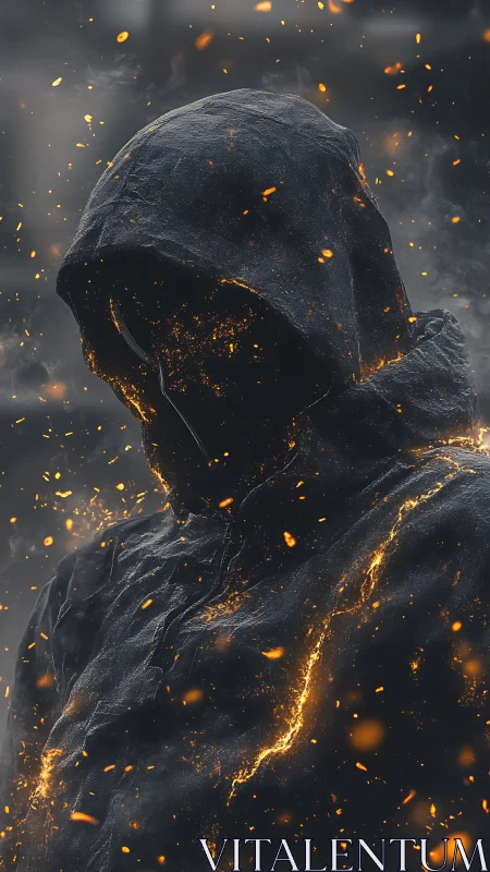 Ember-veiled figure glows softly within drifting sparks