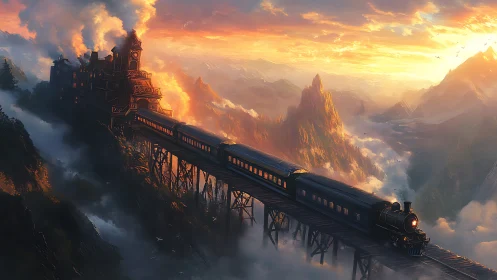 Steamborne twilight train glides above the cloud-torn peaks