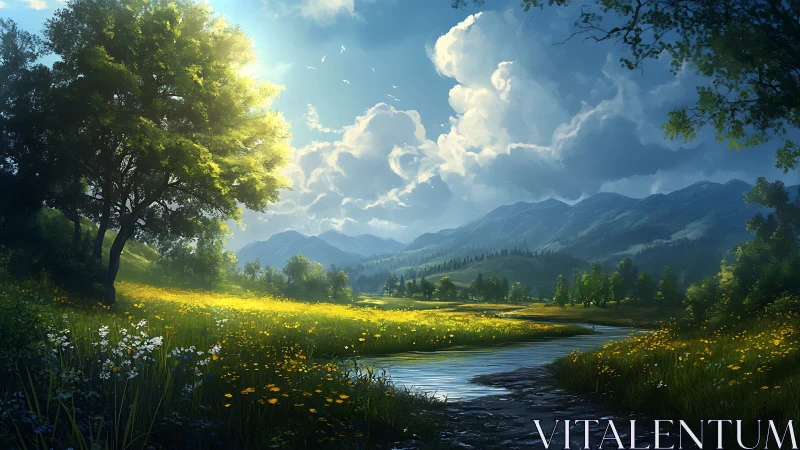 Sunlit river meadow under cumulus sky in alpine valley