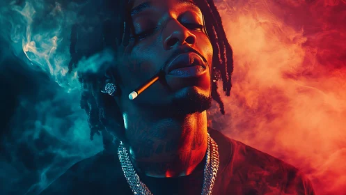 Portrait of man smoking in blue and red colored smoke.