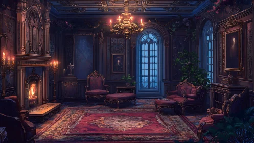 Neo-baroque lounge under dual thermal lighting gradients.