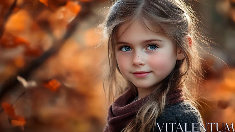 Digital portraiture rendering: Young subject with photorealistic facial features and warm autumn lig