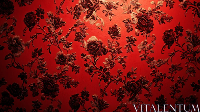 Red fabric surface with dense dark floral damask pattern.