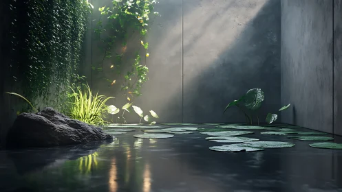 Parametric concrete courtyard pool with volumetric foliage light.