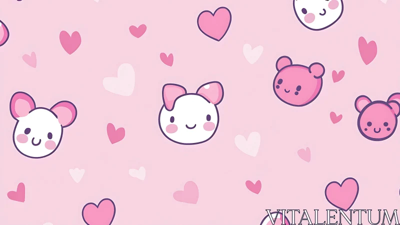Cute pastel animal faces float among playful pink hearts