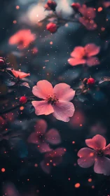 Pink Cherry Blossoms with Bokeh Particles in Dynamic Compositional Depth