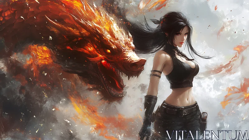 Flame-wreathed dragon coils behind armed heroine in dynamic combat tableau