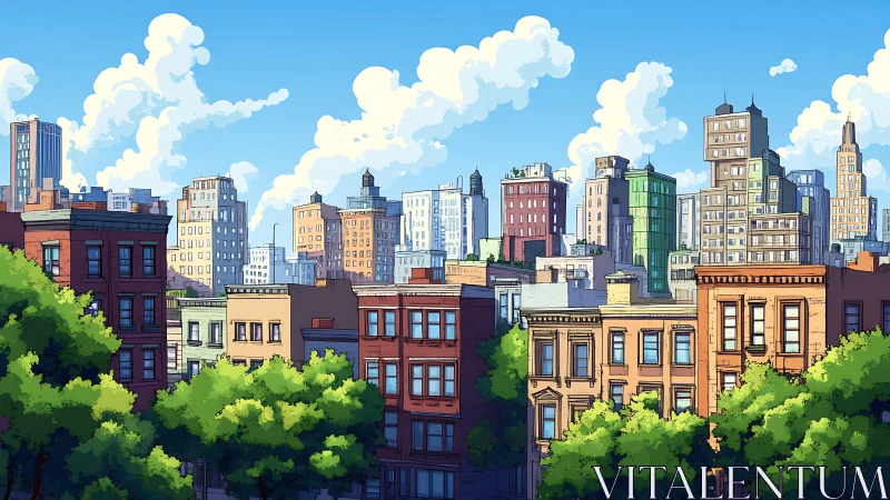 Sunlit city brownstones welcome a bright and breezy skyline