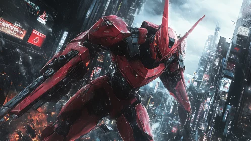 Red combat mech towering over neon city in heavy rain.