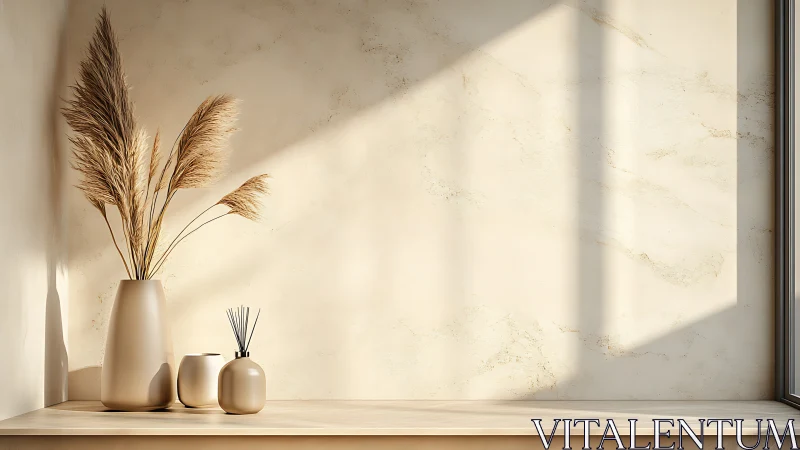 Neutral pampas grass vases on minimalist wooden shelf.