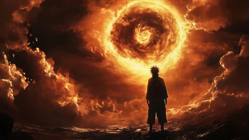 Lone shinobi confronts a blazing spiral storm in molten sky.