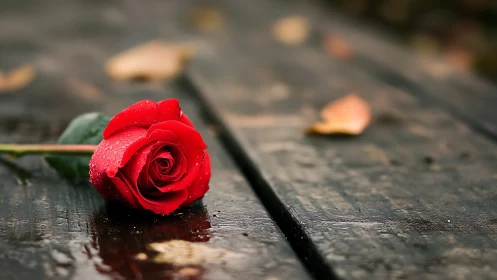 Red Rose on Wet Stone Surface with Water Droplets.