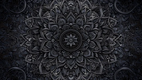 Intricate dark mandala with layered metallic petals.