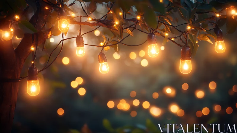 Golden garden string lights glowing in a soft evening hush.