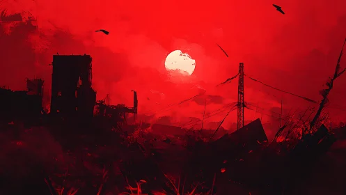 Crimson sun glowing over quiet, shadowy ruined skyline.