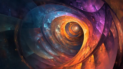 Colorful spiral tunnel of glowing abstract fractal light.
