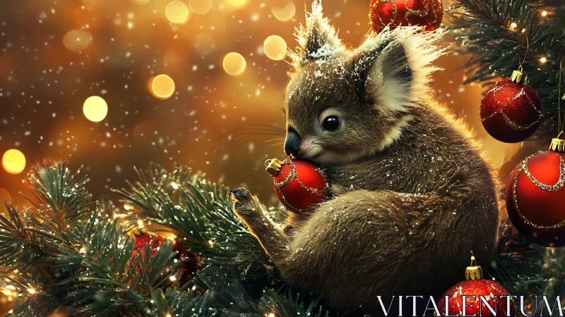 Koala nestles among glowing Christmas ornaments at dusk.