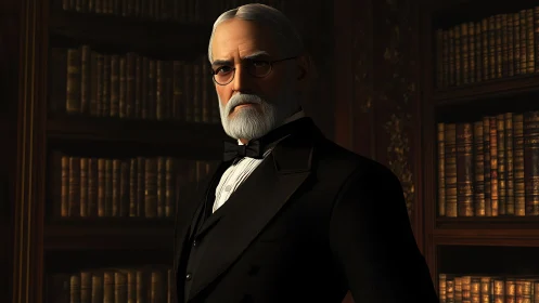 Stern scholar in velvet shadows of an old-world library.