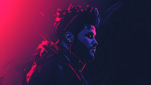 Neon side profile portrait in blue and magenta lighting.