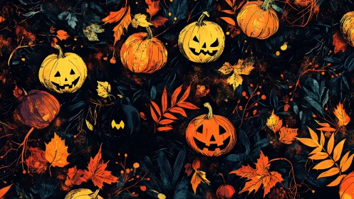 Carved jack-o&rsquo;-lantern pumpkins animate a dense autumn foliage field