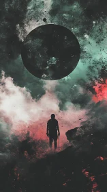 Solitary figure studies eclipsed planet in stormy cosmic sky