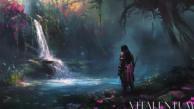 Figure observes waterfall pool in dense, misted forest