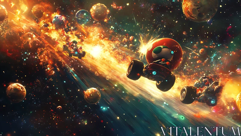 Cart-style vehicles traverse dense asteroid field in space