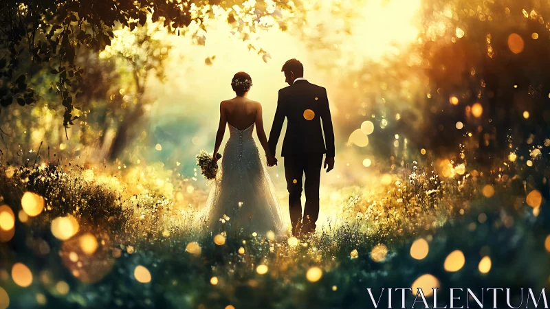 Golden woodland wedding walk lit by dreamy evening light.