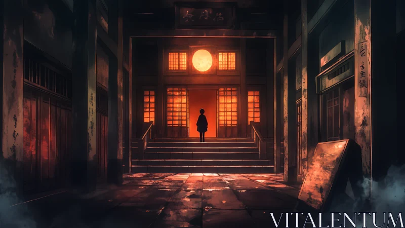 Quiet temple doorway glowing under a watchful red moon.