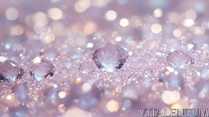 Photorealistic macro diamonds in pastel bokeh field composition.
