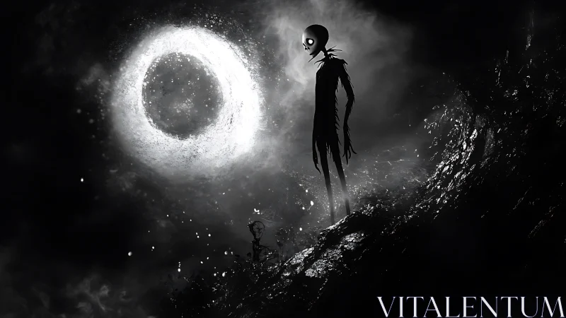 Monochrome skeletal figure observing luminous circular void.